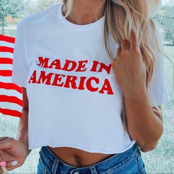 Made In America Crew Neck Crop Top Short Sleeve Tee Shirt With A Raw Hem Line - Picture 1 of 3